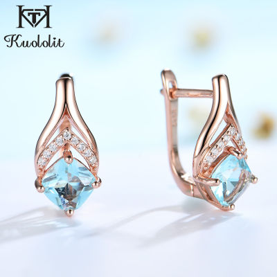 Kuololit 585 Rose Gold Blue Topaz Luxury Clip Earrings for Women Genuine 925 Sterling Silver Round stone for Wedding Gift Fine