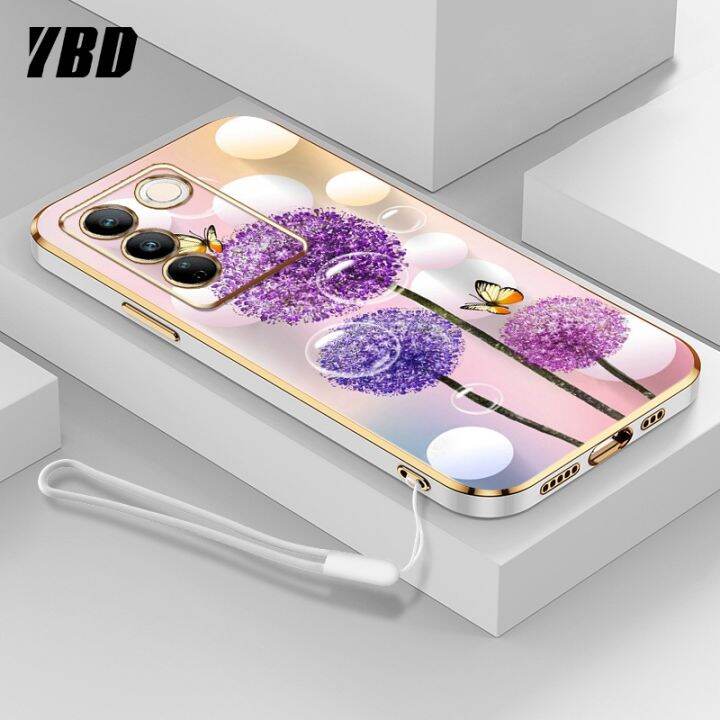 ybdเคสใหม่สำหรับ-vivo-v27e-v27-s16e-s16-s16-pro-v27-pro-เคสโทรศัพท์นิ่มชุบโครเมี่ยมสุดหรูแฟชั่นสีสันสดใสฟรีสายคล้องเคสแบบดอกไม้ผีเสื้อ