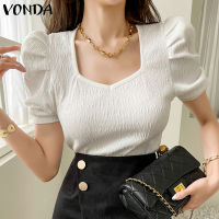 (จัดส่งฟรี)Fancystyle VONDA แขนพองสั้นลำลองของผู้หญิงเสื้อหลวมปาร์ตี้วันหยุดคอวีเรียบง่าย