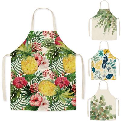 Pattern Kitchen Apron for Woman Flowers Leaves Sleeveless Cotton Linen Aprons Cooking Home Cleaning Tools 75x65cm