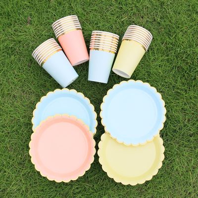 【CW】✔☫  Disposable Paper Plate Cups Hot Stamping Dessert Plates Tableware Wedding Happy Birthday Supplies