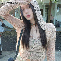 DUOHANZI เสื้อถักมีฮู้ดแบบอเมริกัน,เสื้อเอวสูงกระโปรงมีจีบลายพราง