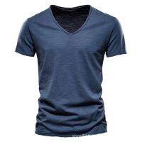 The mens v-neck bamboo cotton pure color wash water short sleeve T-shirt summer