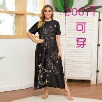 【 WYIN kitchen】 2052 Large Size Women Maxi Dress For Fat 100KG Black Graffiti Sun Moon Female Night Robe Casual Simple Summer Wear T-shirt Skirt