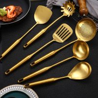 ♨ↂ Stainless Steel Soup Rice Spoon Spatula Colander Frying Shovel Gold Long Handle Non-Stick Restaurant Kitchenware Cooking Utensil
