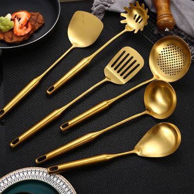 Stainless Steel Soup Rice Spoon Spatula Colander Frying Shovel Gold Long Handle Non-Stick Restaurant Kitchenware Cooking Utensil