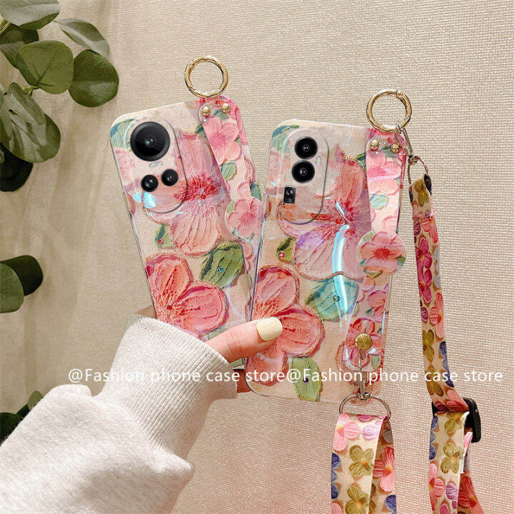 phone-case-เคส-oppo-reno10-reno10pro-reno10pro-plus-5g-เคสโทรศัพท์ภาพดอกไม้ลายน้ำมัน-rhinestone-บลูเรย์วินเทจพร้อมสายคล้องข้อมือ2023