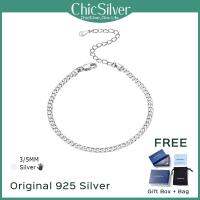 ChicSilver 3/5มม. สร้อยข้อมือลิงก์คิวบาแบบเรียบ925เงินสเตอร์ลิงสำหรับผู้หญิงผู้ชายสร้อยข้อมือโซ่มือแบบทนทานปรับได้