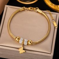 New Full Diamond Personalized Flower Butterfly Stainless Steel Gold Color Roman Zircon Bracelet For Women Fashion Girls Charm Bracelets Party Jewelry Gifts