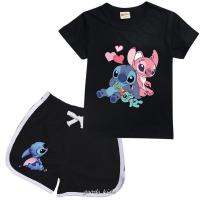 HOT★Disney Stitch เด็กเสื้อยืดฤดูร้อนเด็กแบบใหม่หญิงเสื้อผ้าเด็กฝ้ายสั้นกางเกง2ชิ้นชุด2-16Y