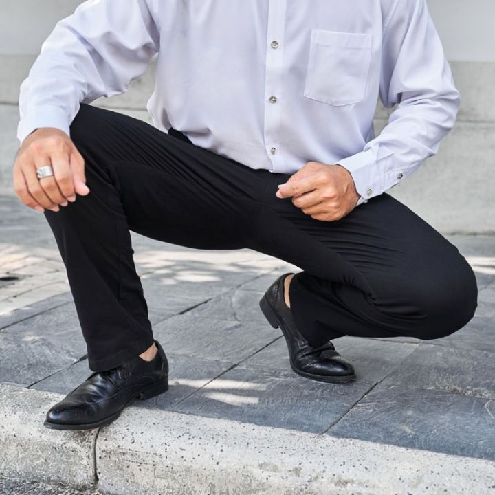 กางเกงสแล็ค-ผ้ายืด-กางเกงผ้าฝ้ายคนอ้วน-กางเกงลำลองไซส์ใหญ่-30-50-สีดำ-สีกากี-เป้าซิป