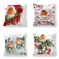 2023 New Christmas Cushion Cover Print Robin Bird Pillow Navidad Gift Pillowcase Christmas Decoration