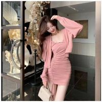 In the early autumn new pure desire sexy low-cut condole belt dress suit female loose cardigan long-sleeved show thin waist skirt