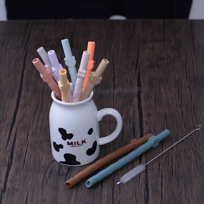 ‘【；】 10Pcs Silicone Straws Reusable Food Grade Straight With Cleaning Brush Safe Eco-Friendly Drinking Straw Home Party Bar Accessory