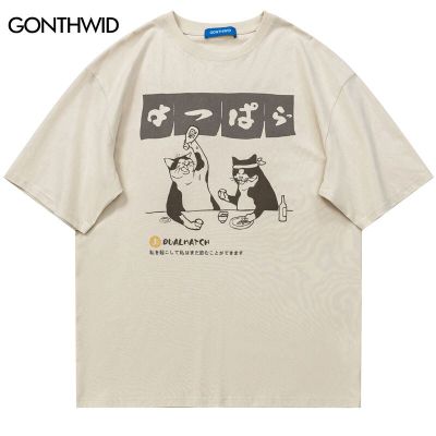 Harajuku Tshirt ญี่ปุ่นแมวกราฟิกพิมพ์เสื้อยืด2023ฤดูร้อนแฟชั่น Hip Hop สบายๆผ้าฝ้ายหลวมเสื้อเสื้อคู่คู่