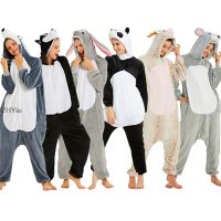 Winter Women Men Unisex Adults Cute Rabbit Panda Wolf Cartoon Onesies Animal Pajamas Unicorn Stitch Flannel Nightie Sleepwear