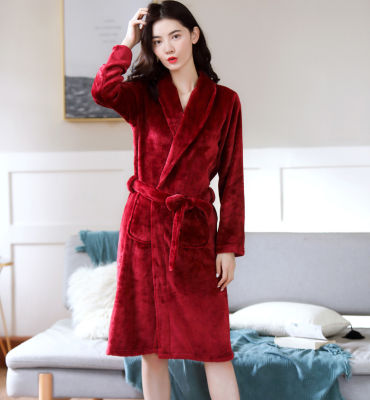 Coral Velvet Bathrobe Women Warm Soft Robe Solid Flannel Kimono Wine Red Bath Robe Dressing Gowns Sleepwear Long Sleeve Robe