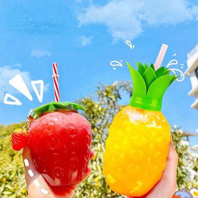 Spring Strawberry Straw Water Bottle Pineapple Portable Plastic Cup For Spring Wedding  Shower Birthday Party Desktop Decor