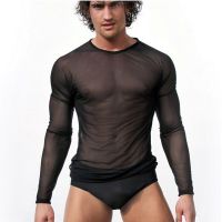 bjh✽  Hirigin Mens T Shirts Undershirt Gay Mesh See Through Sheer Sleeves transparent Thin