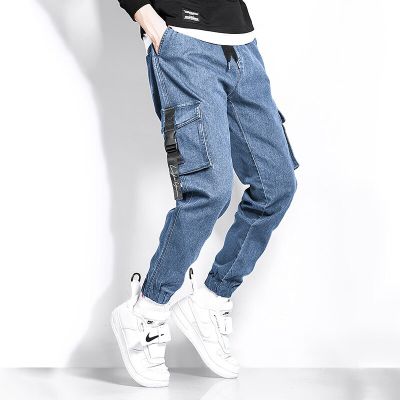 HOT11★กางเกงยีนส์ผู้ชาย Cargo Denim กางเกง Baggy Harem กางเกง Streetwear กระเป๋า Styke ข้อเท้า Harajuku Cal Hip Hop กางเกงยีนส์ผู้ชาย Joggers