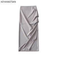 [COD] KEYANKETIAN New Fold Design Waist Skirt Gray Buttock Slit Asymmetrical Floor Length