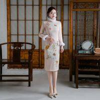 Traditional Improved Cheongsam Retro Chinese Style Chinese Print Qipa Improved Party Autumn Winter Thicken Dresses Women