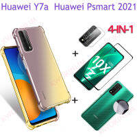 (4 In 1)For Huawei Y7a Y6P Y7P Y8P Y5P Y9 Peime 2019 สเคสโทรศัพท์ + ฟิล์มกระจกนิรภัย Tempered Glass Screen Protector Film ฟิล์มกระจกกันรอยกล้องหลัง+เลนส์กล้องถ่ายรูปฟิล์ม + 3D คาร์บอนไฟเบอร์ด้านหลังฟิ