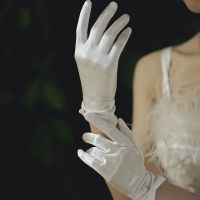 ♨ Satin White Gloves Women Wedding Bridal Party Dress Full Finger Anti-UV Glove Fashion Bow Tie Thin Short Elegant Pearl Mitten