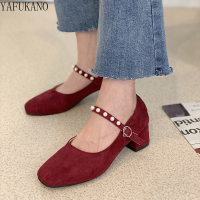 2022 New Square Toe Thick Heel Mary Janes Shoes Pearl One Word Buckle Pumps Sweet Fairy Shallow Mouth Solid Flock High Heels