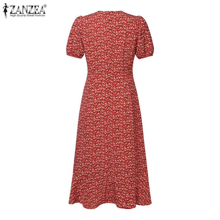 สินค้ามาใหม่-จัดส่งฟรี-fancystyle-zanzea-ชุดซันเดรสดอกไม้พิมพ์-midi-ของผู้หญิงชุดเดรสคอวีชุดเดรสแขนพองแต่งระบายมีเชือกผูก-7