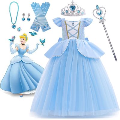 Disney Cinderella Cosplay Costume Kids Birthday Party Ball Gown Girls Lace Sequins Princess Skirt Halloween Performance Clothing
