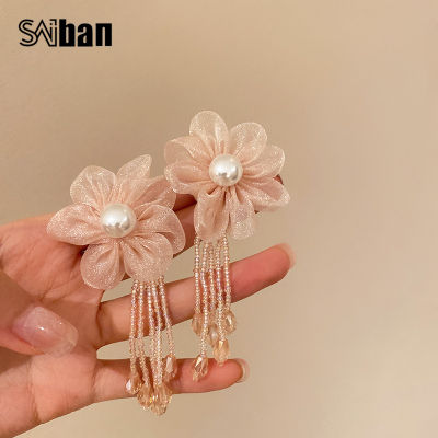 Saiban925 เงินเข็มลูกปัดข้าวลูกปัด organza ต่างหูพู่ยาวต่างหูอ่อนโยน925 silver needle rice beads organza pearl flower tassel earrings long gentle earrings
