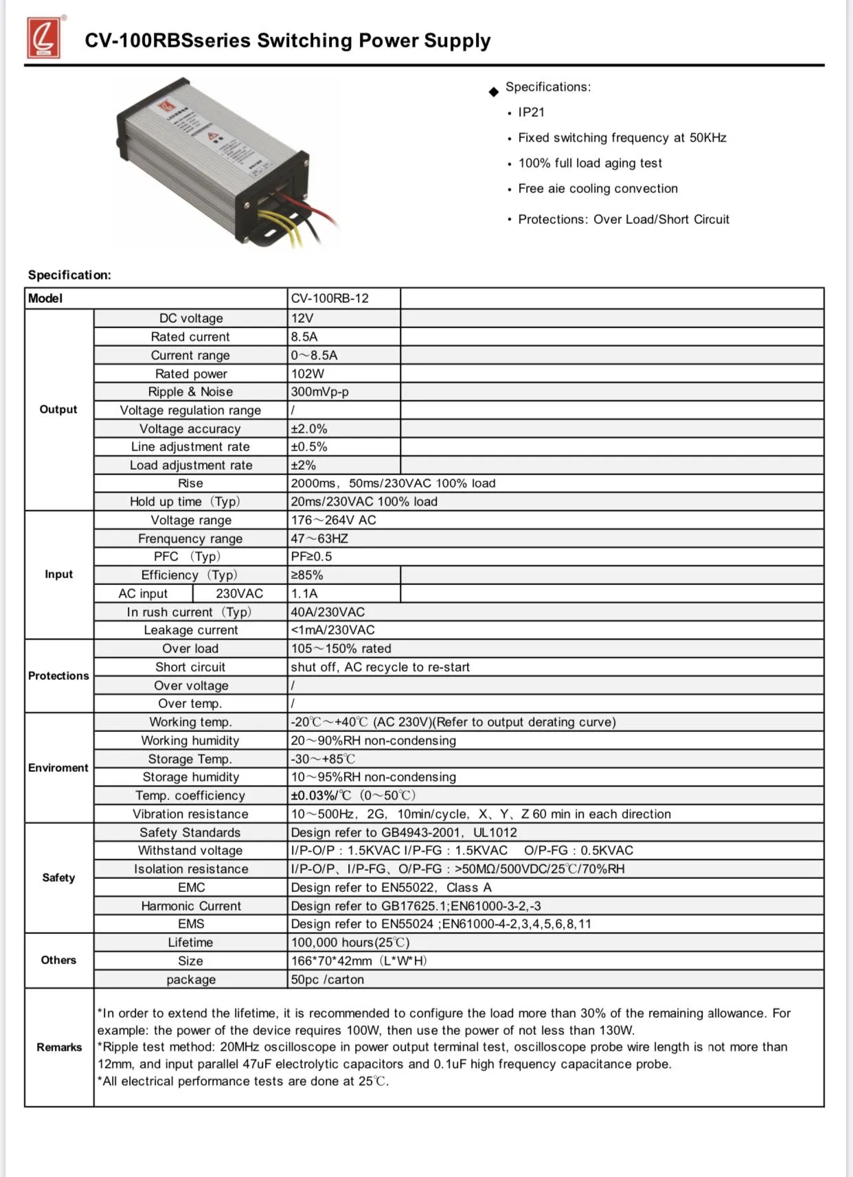 POWER SUPPLY, CV-100RB-12 สวิทซ์ชิ่ง พาวเวอร์ซัพพลาย 12V DC 100W 8.5 AMP  ยี่ห้อ CHUANGLIAN (ชวงเหลียง) หม้อแปลง รุ่นกันฝน | Lazada.co.th