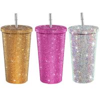 ™ 500ml/750ml Bling Diamond Thermos Cup Portable Stainless Steel Straw Glitter Rhinestone Water Mug Thermal Flask for Women Gril