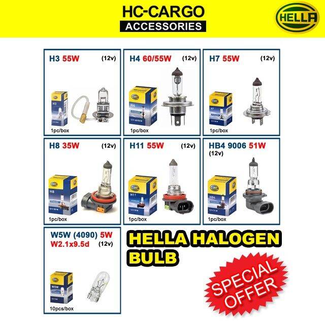 HELLA H1 H3 H4 H7 H8 H11 9005 9006 4090 HALOGEN BULB 12V 55W / (1 Piece ...