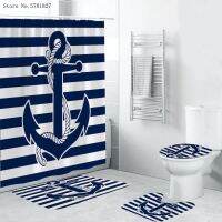 34 Pieces Blue Anchor Shower Curtains Sets Euro Nautical Car Pedestal Rug Lid Toilet Cover Bath Mat Sea Marine Bathroom Sets