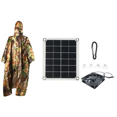 1 Set Outdoor Three-In-One Raincoat Multi-Purpose Backpack Raincoat &amp; 1 Set 5V10W Waterproof Solar Exhaust Fan