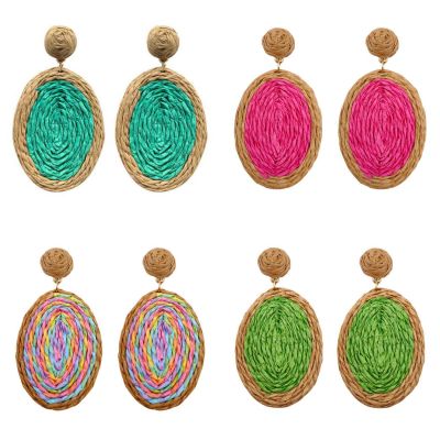 Jewelry Women Summer Dyeing Decor Exaggerated Hand-woven Earring Oval Earring Raffia Earring