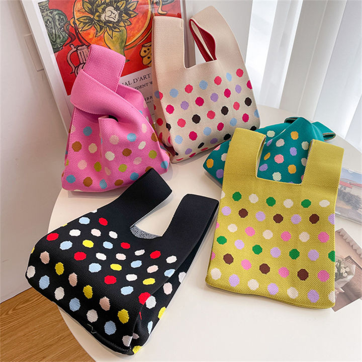 bag-stripe-student-japanese-shopping-bags-mini-reusable-plaid-shopping-color-women-knot-handbag-knit-wrist