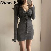 Field Fashion Drawstring V-Neck Dress For Women Slimming High Waist Bodycon Dress Long Sleeves Bottoming Dress