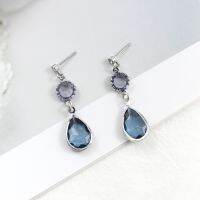 Elegant and stylish drop shaped inlaid blue crystal stone pendant earrings Purple transparent rhinestone Female glamour jewelry