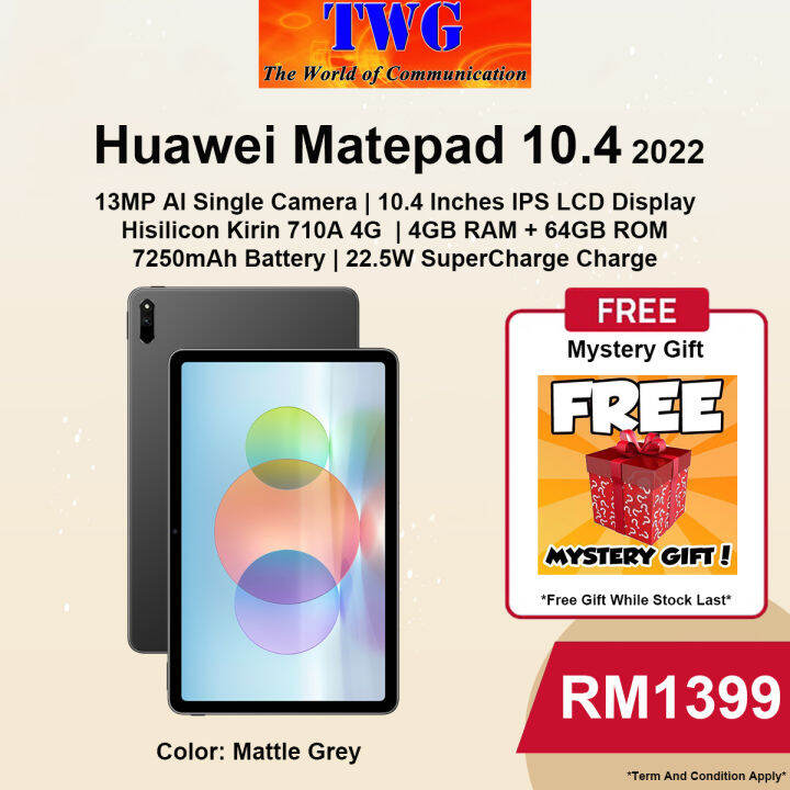 Huawei MatePad 10.4 inch 2022 Tablet (4G), 10.4 2K IPS Touchscreen, Huawei Kirin 710A, 13MP Rear Camera