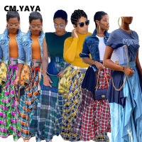 CM.YAYA Women Long Maxi Skirts Patchwork Loose Asymmetrical Plaid with Pocket Loose Big Swing Floor Length Long Skirt