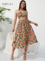 ♈ KEBY ZJ Summer Boho Bikini Set Dress Chic Women Elastic Waist Two Pieces Skirt with Female Beach Holiday Floral Print Midi Sets