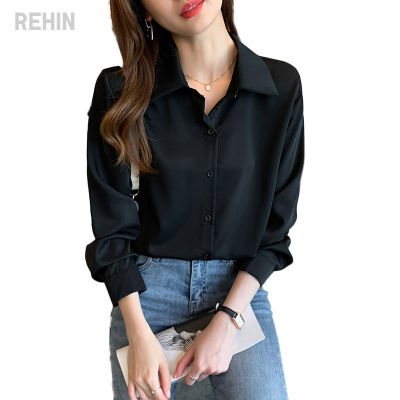 REHIN เสื้อเชิ้ตแขนยาวสีทึบ,เสื้อทำงานผู้หญิงสไตล์เกาหลีรุ่นฐานเดินทางเสื้อเบลาส์ฤดูใบไม้ร่วงใหม่