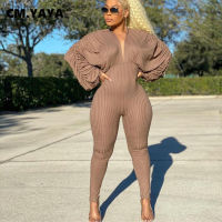 CM.YAYA Women Ribbed Batwing Sleeve Ruched Jumpsuit Elegant INS Autumn Winter Deep V-neck One Piece Overall Knitted Romper