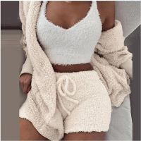 【jw】☜☃❃  3 Pieces Set V Neck Crop Top Shorts Full Length Cardigans Coat Warm Thick Homewear Outfits S-3XL