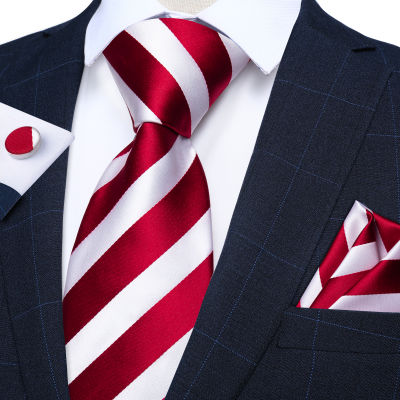 สีขาวสีแดง Candy Cane ลายผ้าไหมสำหรับผู้ชาย8ซม. งานแต่งงานคอ Tie ผ้าเช็ดหน้า Cufflinks อุปกรณ์เสริมของขวัญ Gravatas
