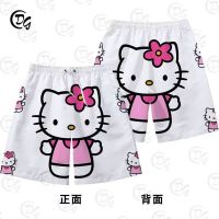 Hello Kitty กางเกงขาสั้นพิมพ์ลายการ์ตูนผู้หญิงขาสั้นขากว้างลำลองกางเกงชายหาดน่ารัก