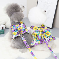 New Bow Dog Collar Skirt Cute Flower Print Harness with Breast Strap Traction Rope Dogs Clothes Vest Princess Dress Skirt